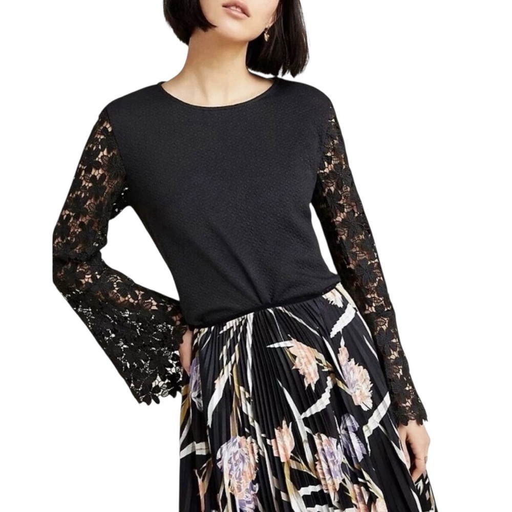 Eri + Ali x Anthropologie- NWT Delilah Black Lace Long Sleeve Blouse Top Sz M